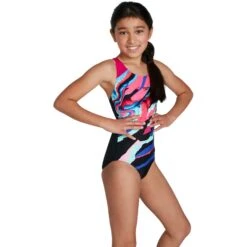 Speedo Digital Placement Splashback Meisjes Badpak - Black/electric Pink/pool/blue Flame -Aqua Verkoop speedo digital placement splashback kids bathing suit black electric pink pool blue flame 9 1302025